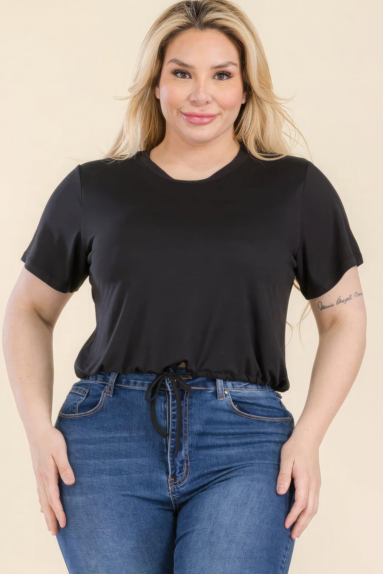 Plus Size Tie Front Drawstring Short Sleeve Crop Top | Mixtshop LLC