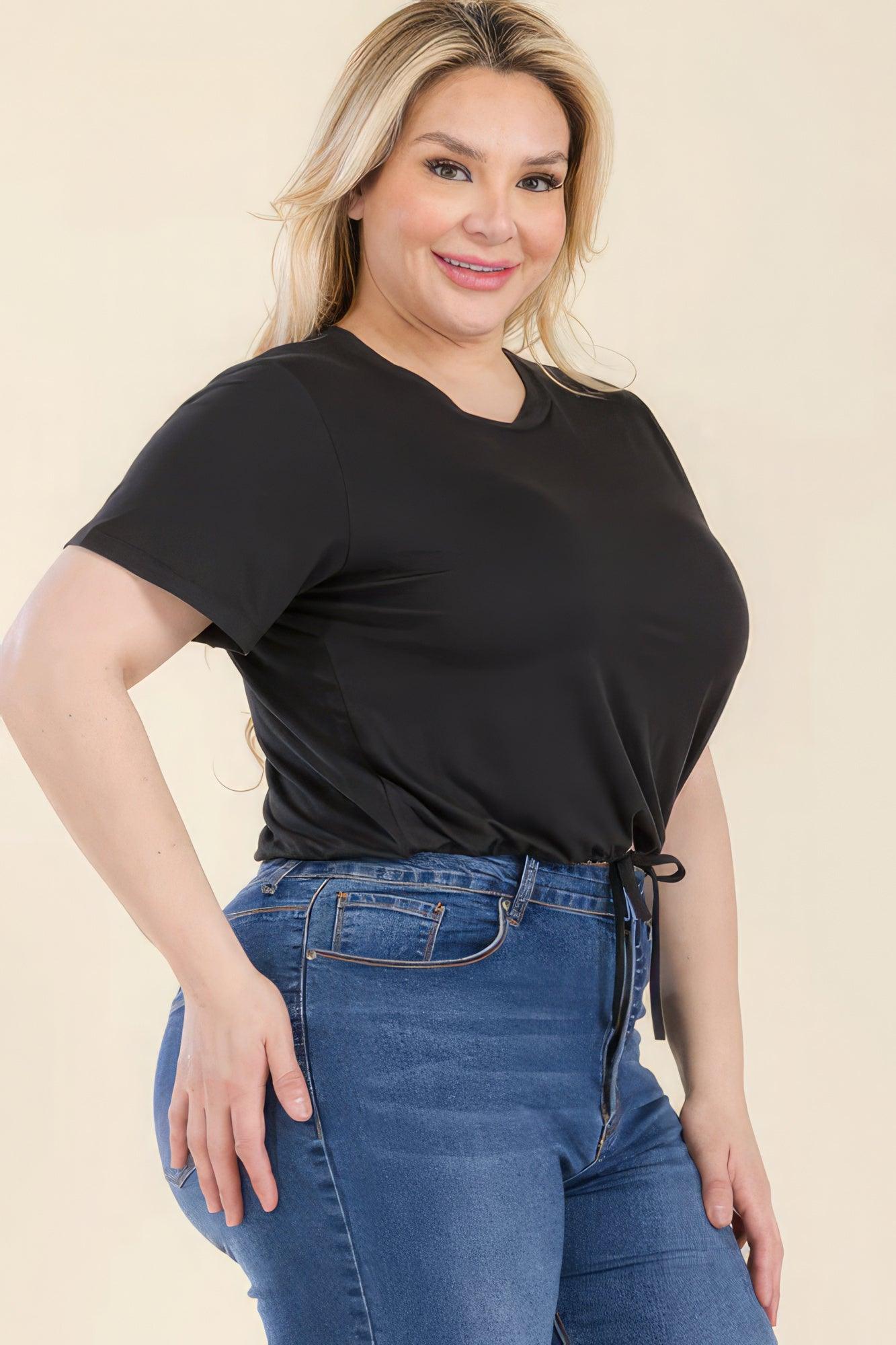 Plus Size Tie Front Drawstring Short Sleeve Crop Top | Mixtshop LLC