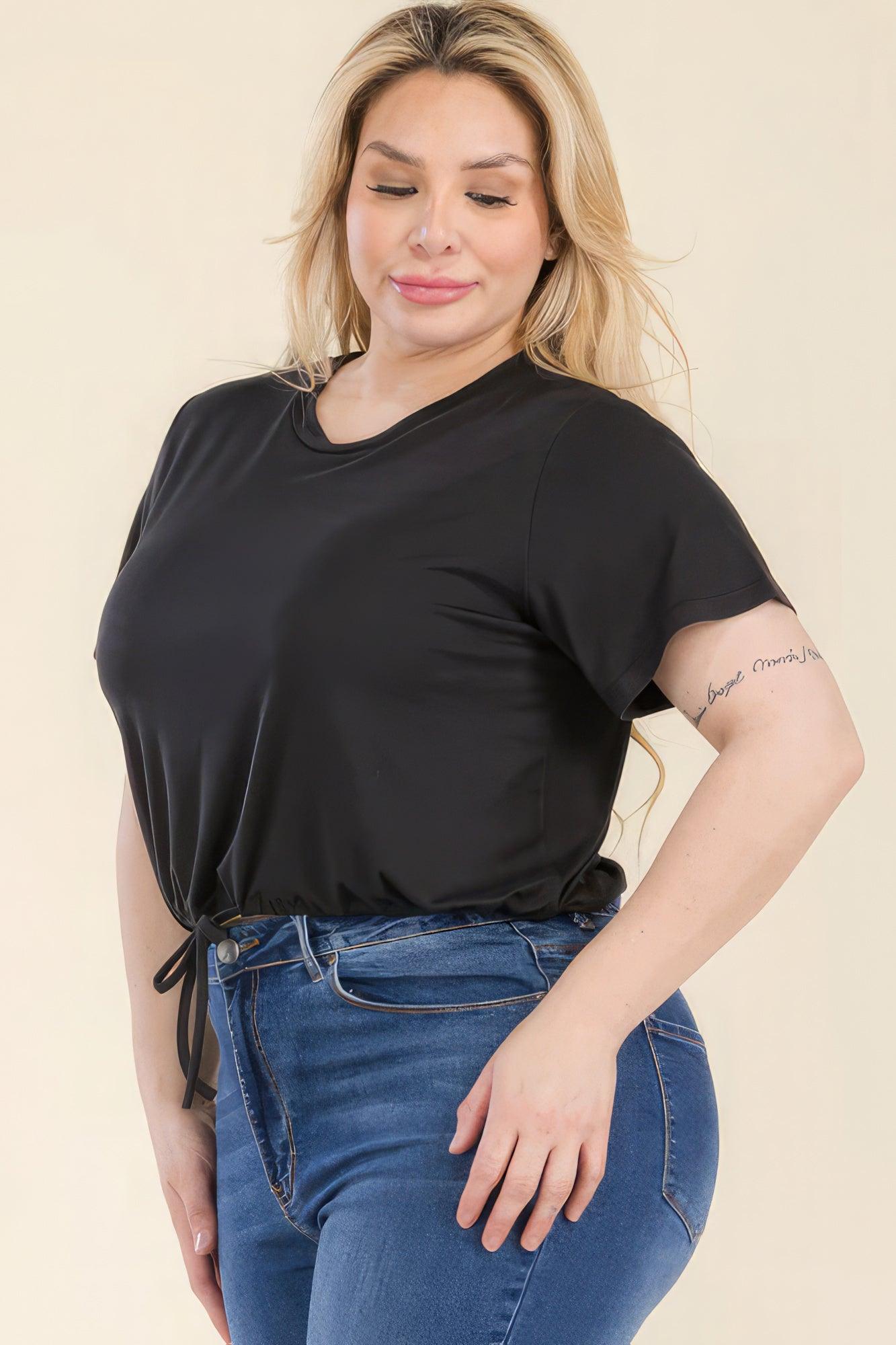 Plus Size Tie Front Drawstring Short Sleeve Crop Top | Mixtshop LLC