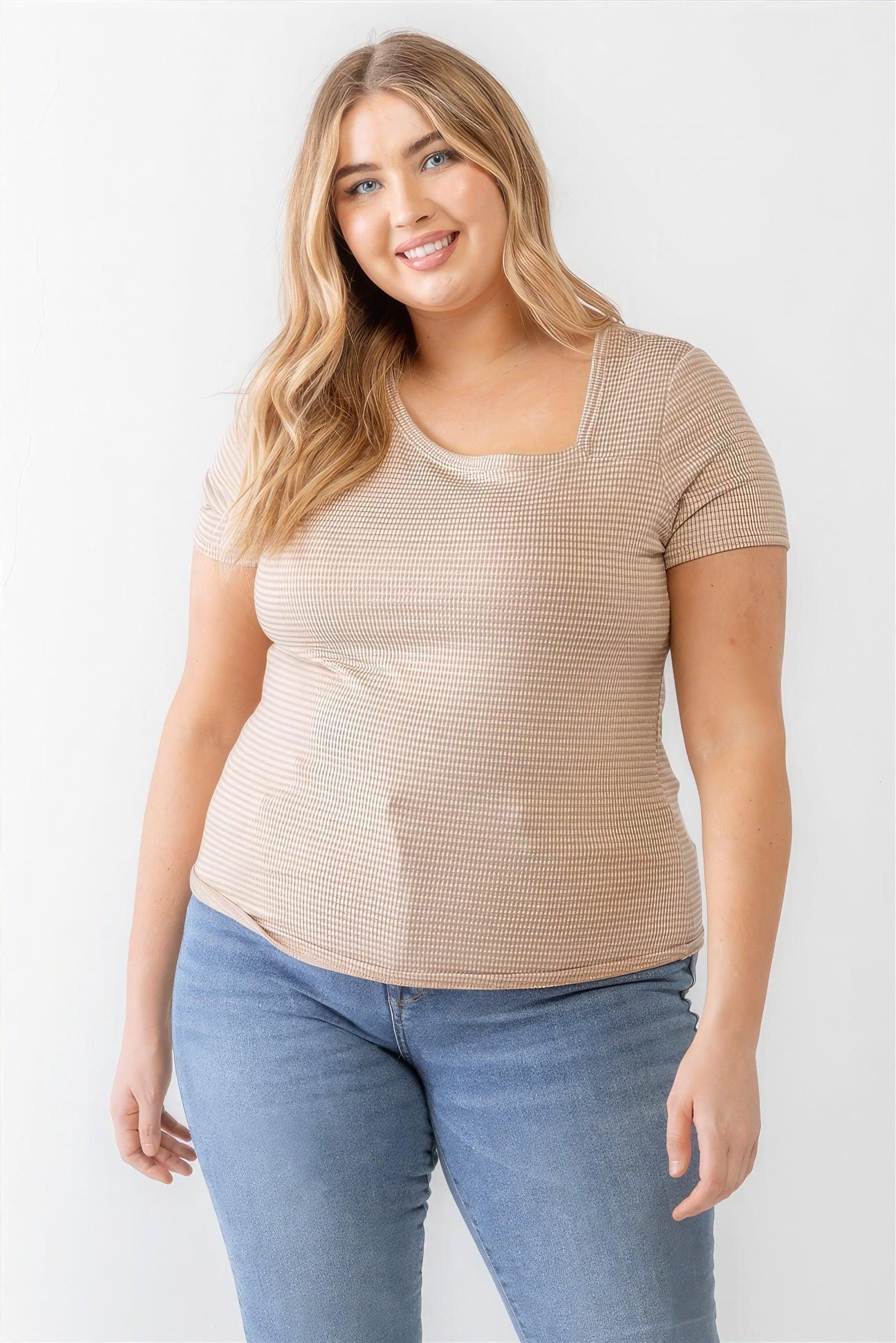 Plus Taupe Waffle Knit Angled Neck Short Sleeve Top | Mixtshop LLC