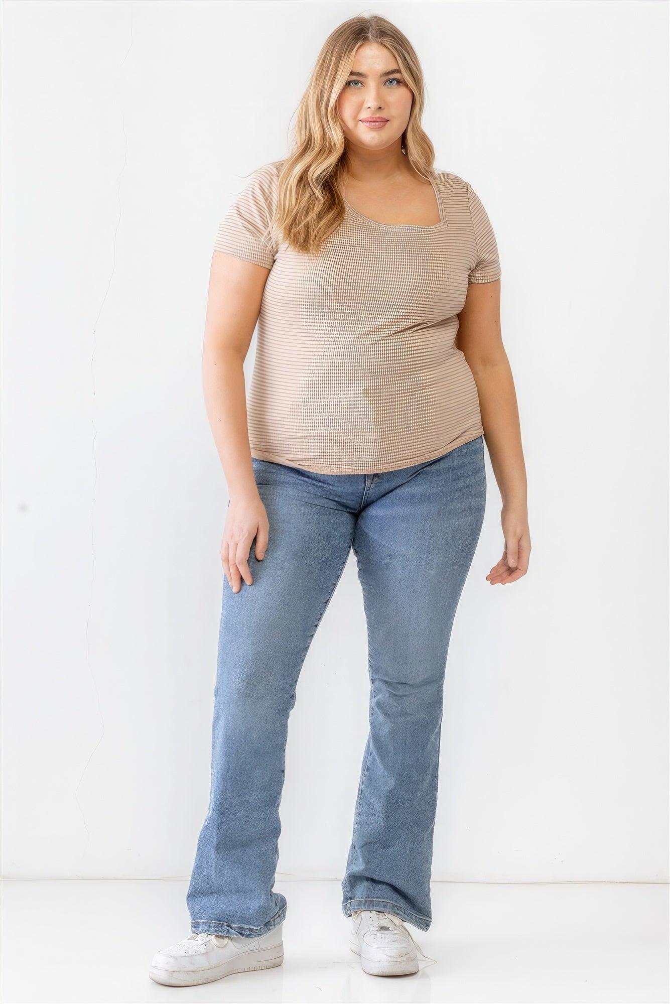 Plus Taupe Waffle Knit Angled Neck Short Sleeve Top | Mixtshop LLC