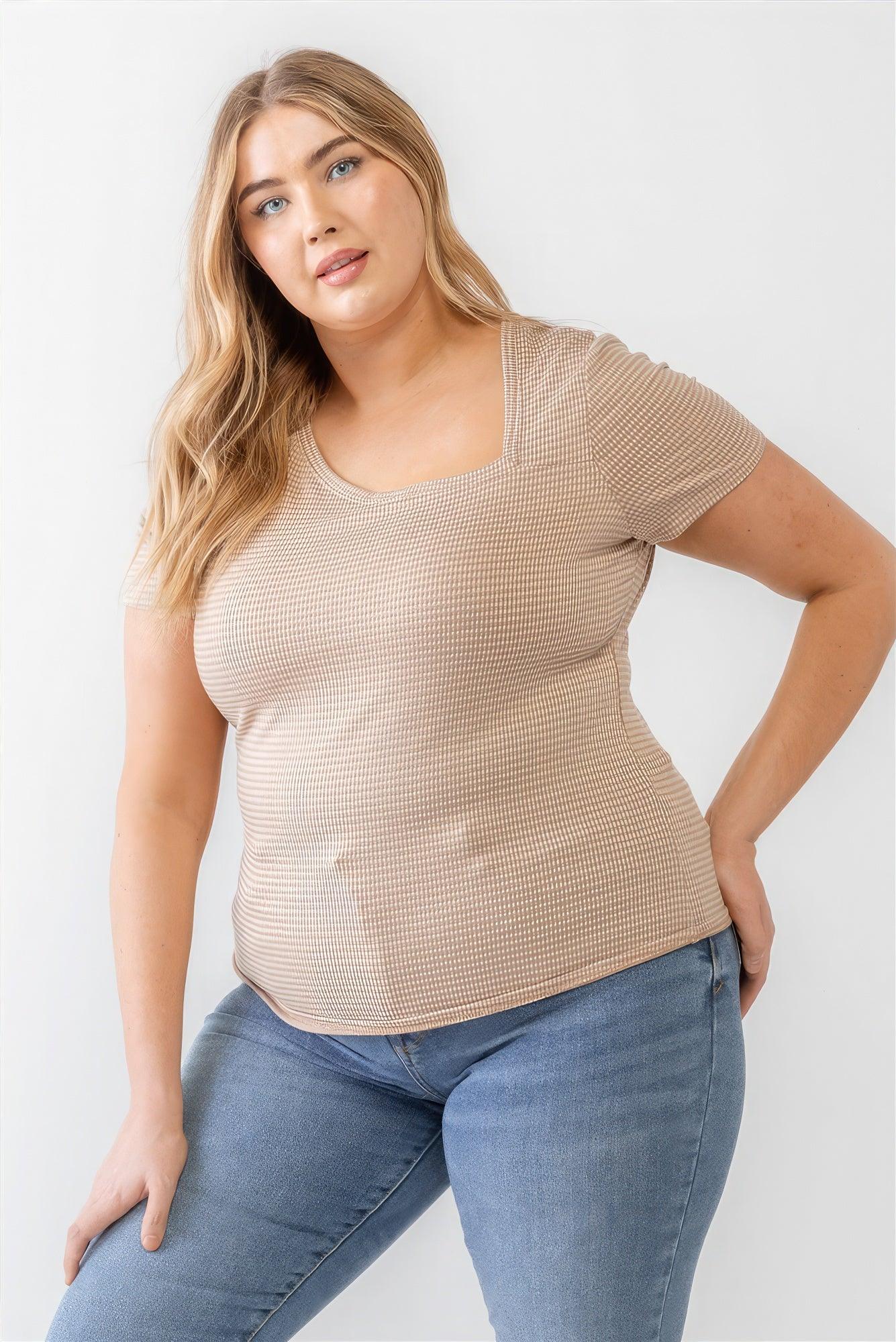 Plus Taupe Waffle Knit Angled Neck Short Sleeve Top | Mixtshop LLC