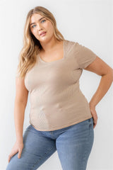 Plus Taupe Waffle Knit Angled Neck Short Sleeve Top | Mixtshop LLC