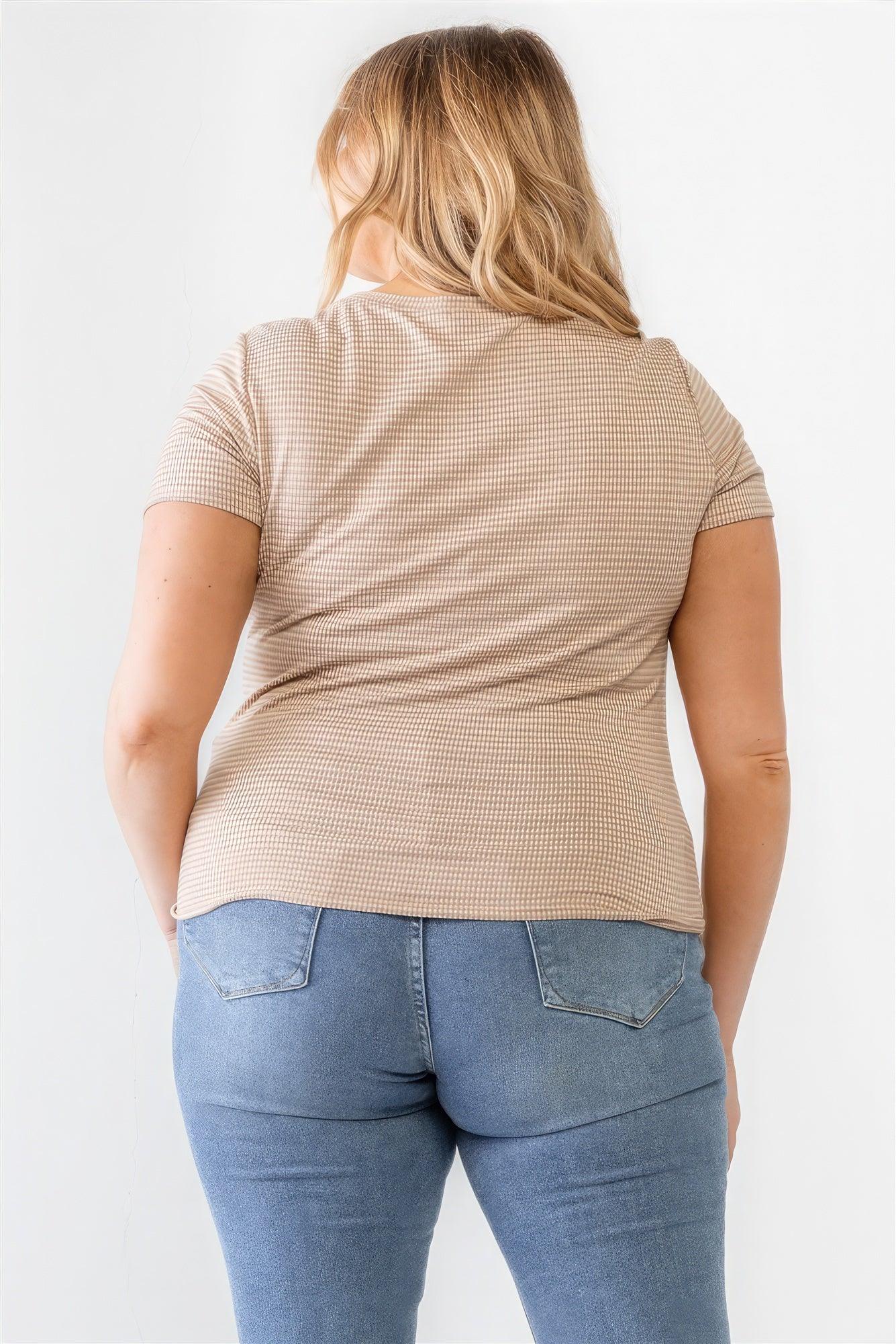 Plus Taupe Waffle Knit Angled Neck Short Sleeve Top | Mixtshop LLC