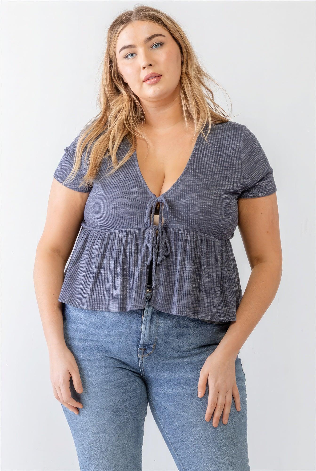 Plus Denim Blue Ribbed U-shape Neck Flare Hem Tie Top | Mixtshop LLC