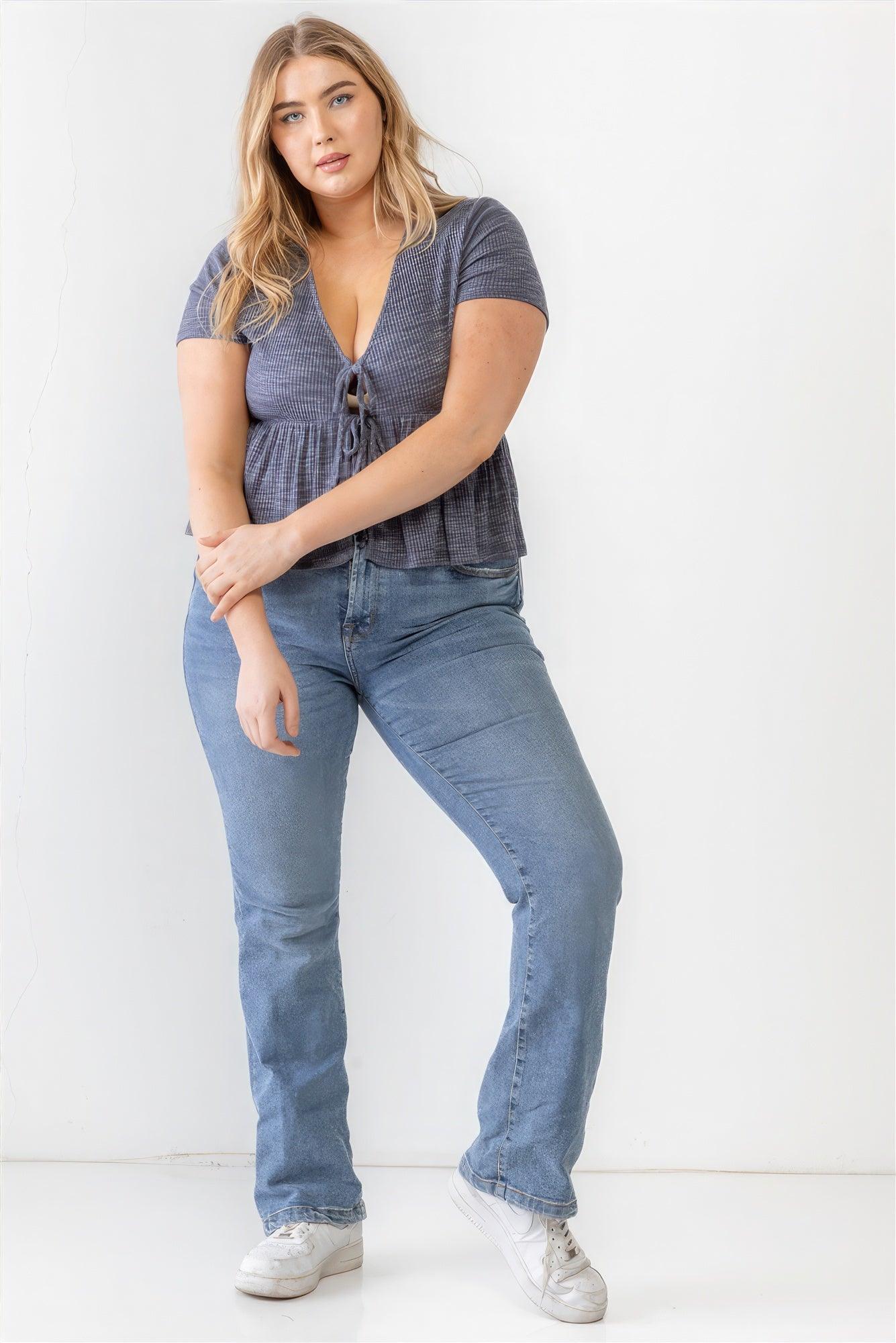 Plus Denim Blue Ribbed U-shape Neck Flare Hem Tie Top | Mixtshop LLC