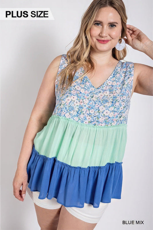 Floral Color Block Ruffle Detail Tiered V-neck Top | Mixtshop LLC