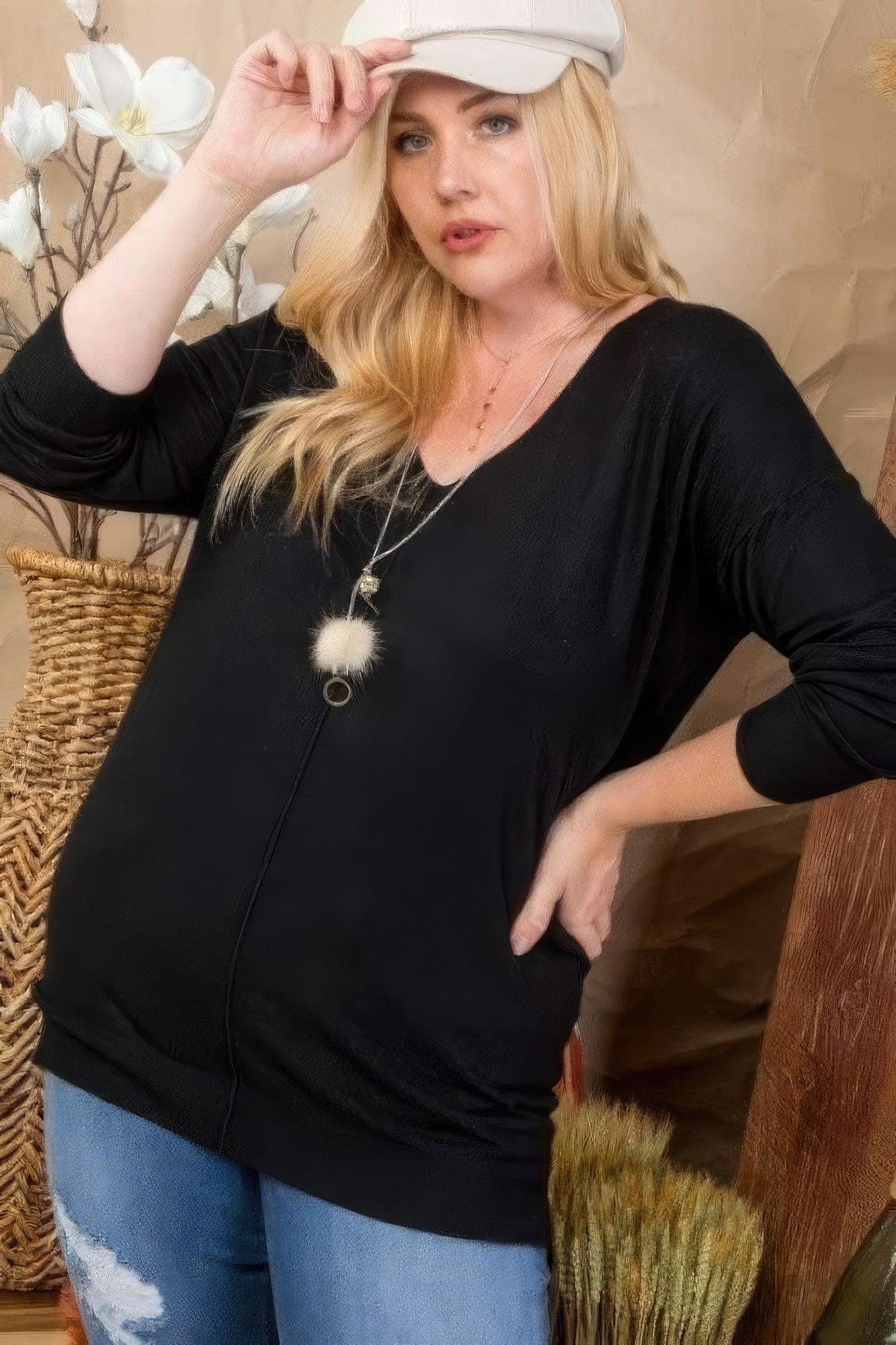Plus Size V Neck 3/4 Sleeve Side Slit Hi-lo Sweater | Mixtshop LLC