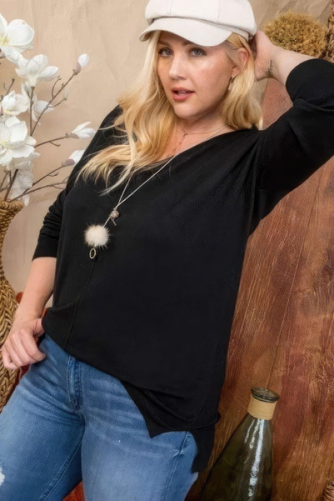 Plus Size V Neck 3/4 Sleeve Side Slit Hi-lo Sweater | Mixtshop LLC
