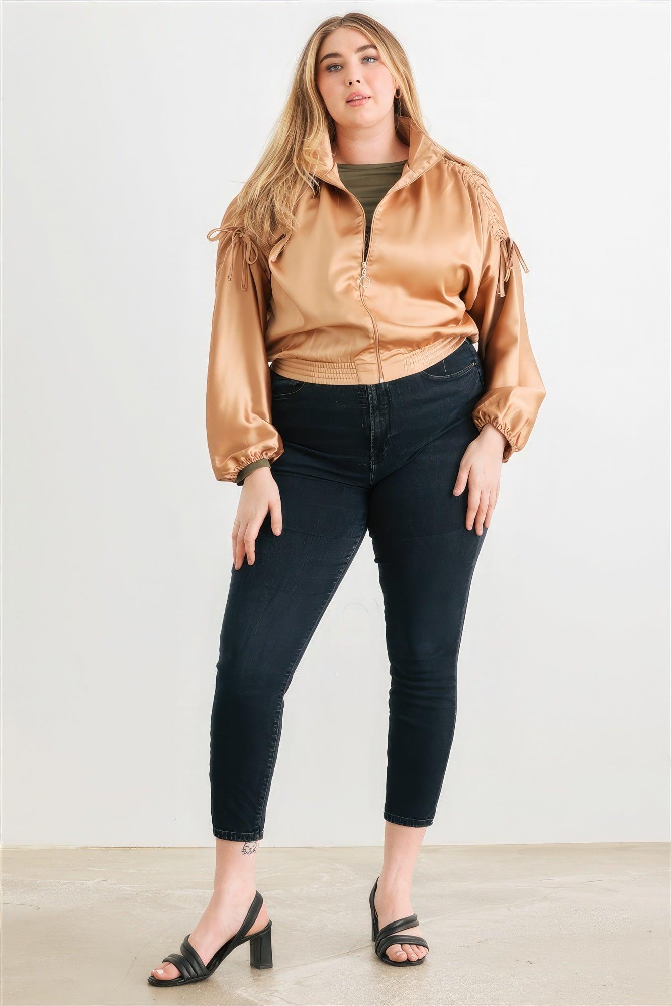 Plus Satin Zip-up Ruched Long Sleeve Cropped Bomber Jacket | Mixtshop LLC