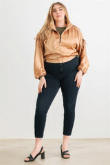 Plus Satin Zip-up Ruched Long Sleeve Cropped Bomber Jacket | Mixtshop LLC