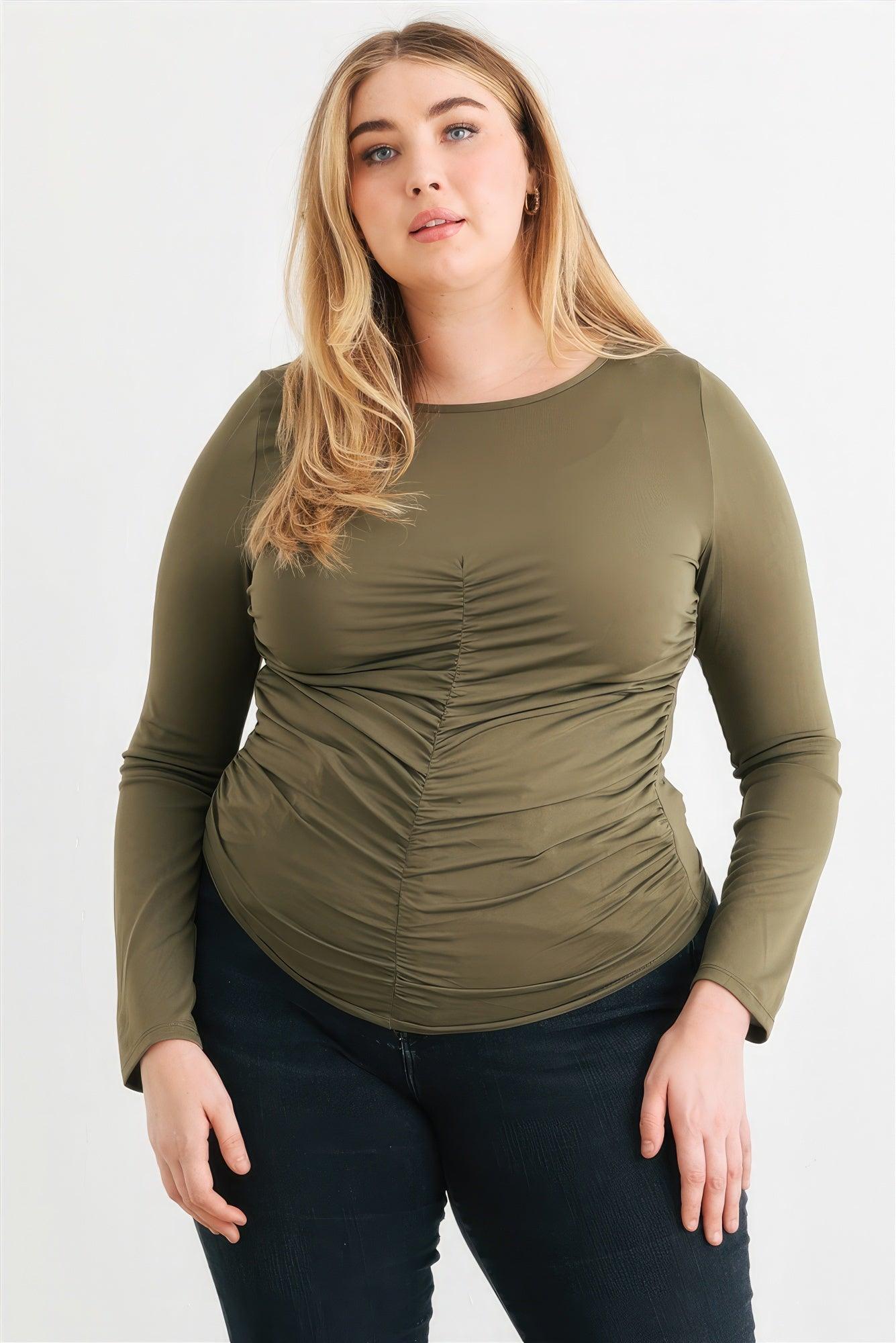Plus Olive Ruched Long Sleeve Top | Mixtshop LLC