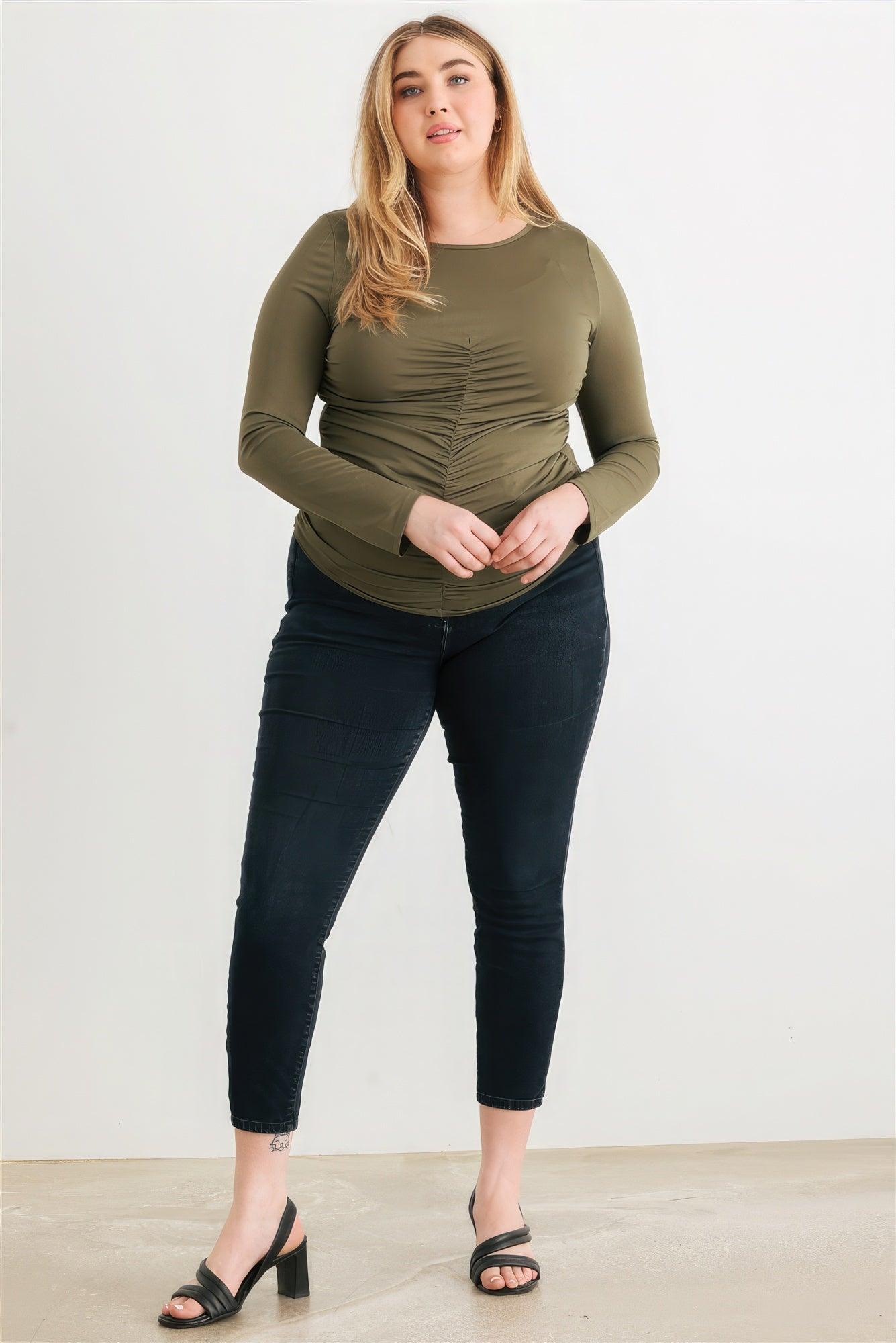 Plus Olive Ruched Long Sleeve Top | Mixtshop LLC