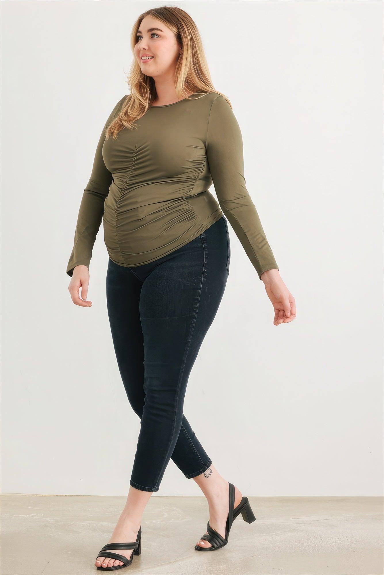Plus Olive Ruched Long Sleeve Top | Mixtshop LLC