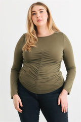 Plus Olive Ruched Long Sleeve Top | Mixtshop LLC