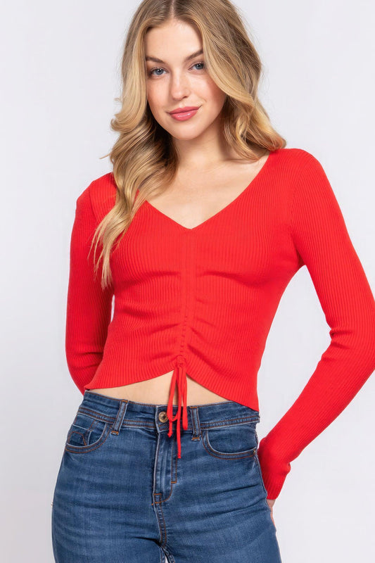V-neck Shirring Tie Detail Sweater | Mixtshop LLC