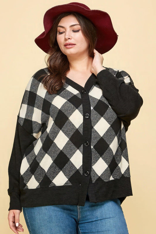 Plus Size Buffalo Plaid Knit Button Up Oversize Cardigan | Mixtshop LLC