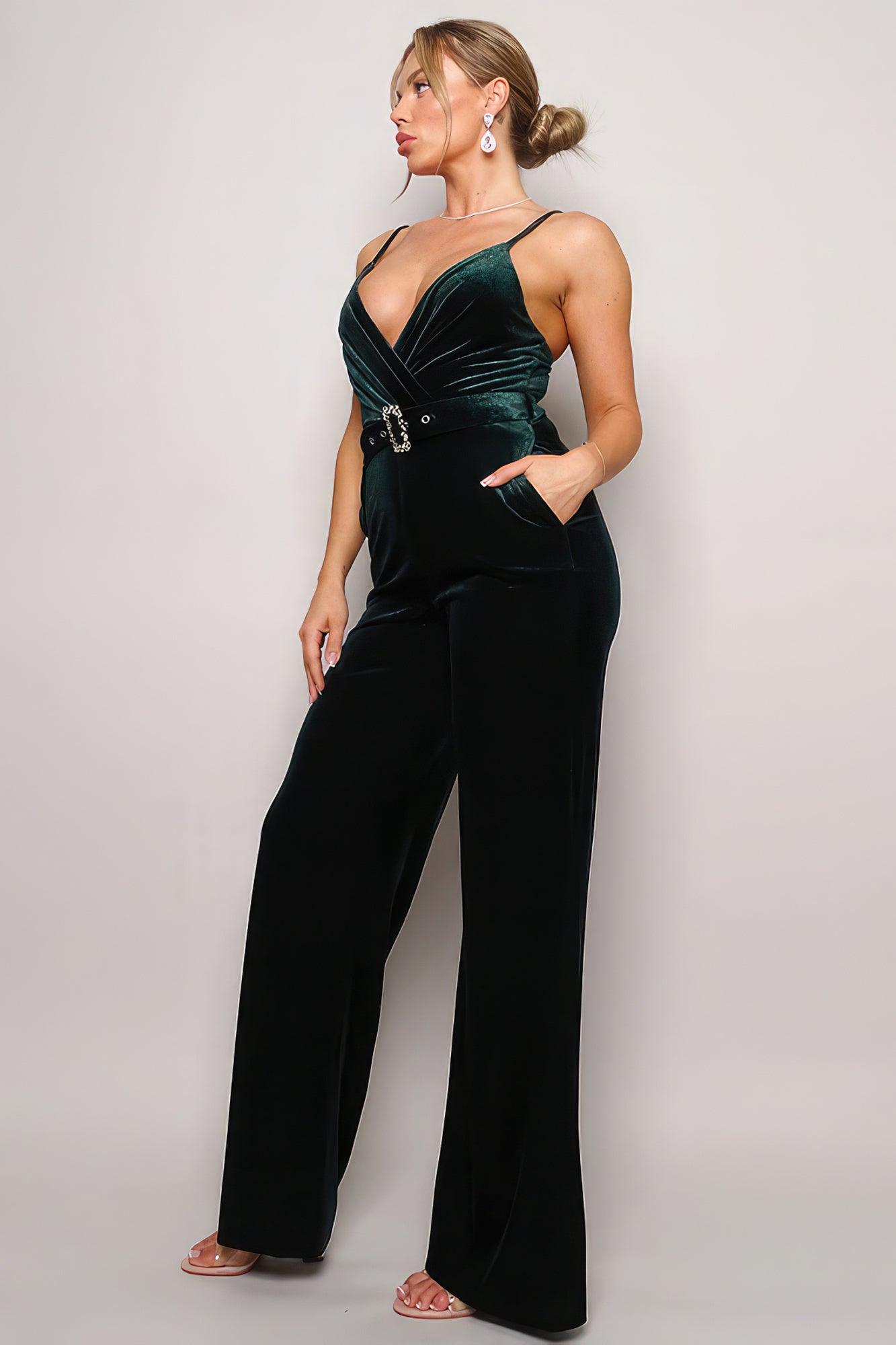 Samba Rhinestone Belt Velvet Jumpsuit | Mixtshop LLC
