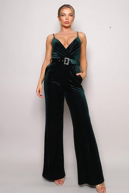 Samba Rhinestone Belt Velvet Jumpsuit | Mixtshop LLC