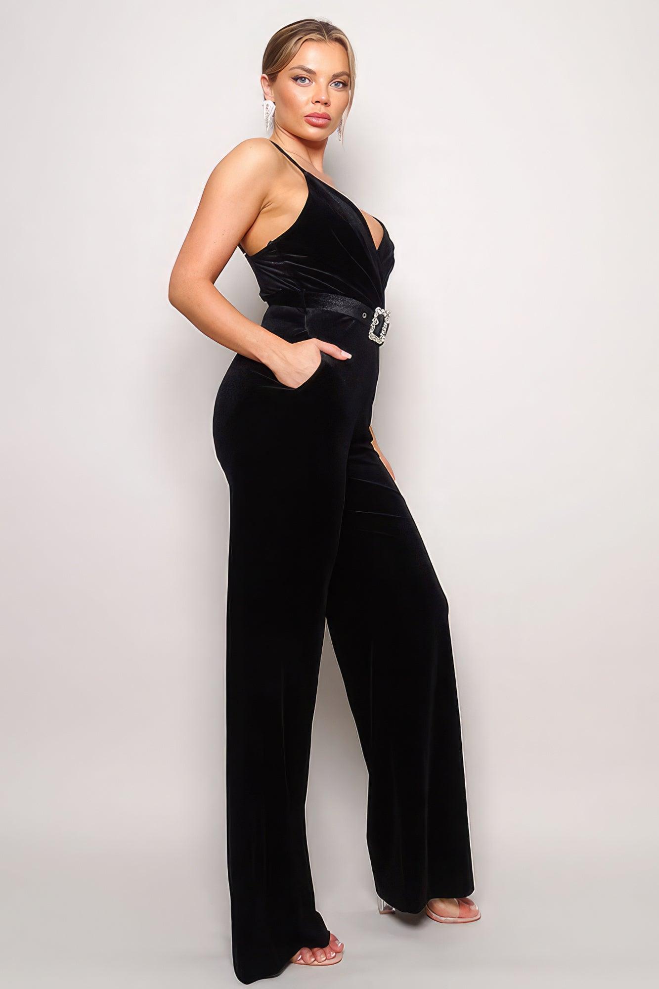 Samba Rhinestone Belt Velvet Jumpsuit | Mixtshop LLC