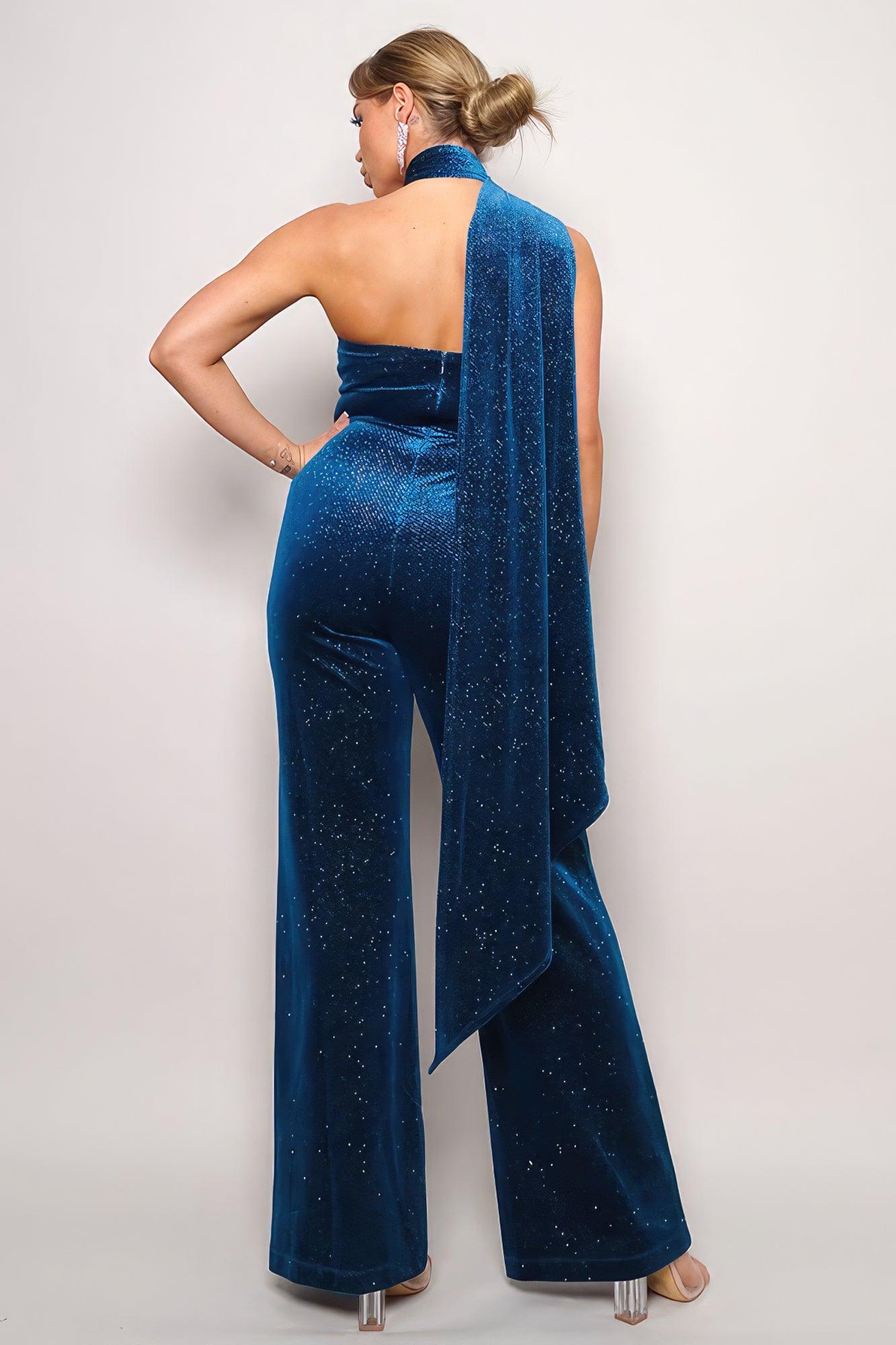 Scarf Top Glitter Velvet Jumpsuit | Mixtshop LLC