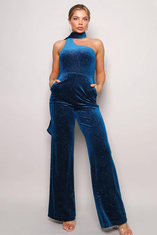 Scarf Top Glitter Velvet Jumpsuit | Mixtshop LLC