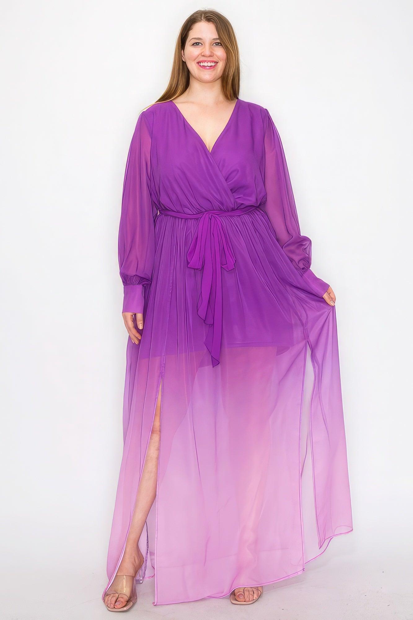 Ombre Chiffon Wrap Front Long Sleeve Tie Waist Slit Front Maxi Dress | Mixtshop LLC