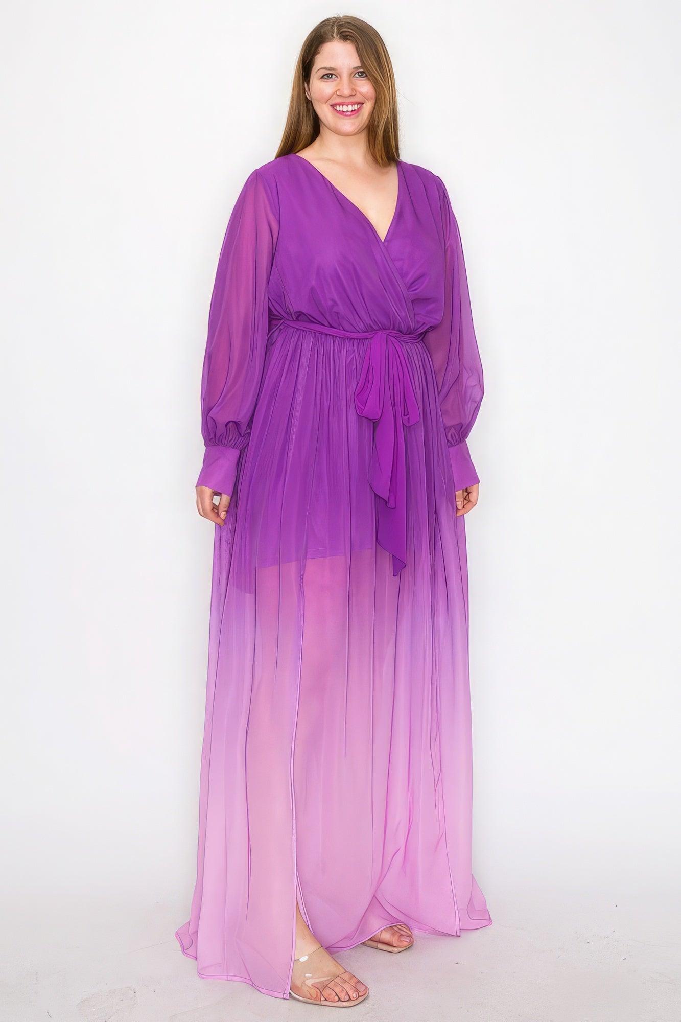 Ombre Chiffon Wrap Front Long Sleeve Tie Waist Slit Front Maxi Dress | Mixtshop LLC