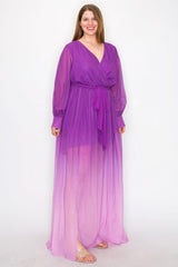 Ombre Chiffon Wrap Front Long Sleeve Tie Waist Slit Front Maxi Dress | Mixtshop LLC