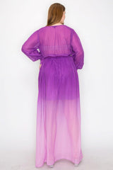 Ombre Chiffon Wrap Front Long Sleeve Tie Waist Slit Front Maxi Dress | Mixtshop LLC