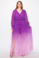 Ombre Chiffon Wrap Front Long Sleeve Tie Waist Slit Front Maxi Dress | Mixtshop LLC