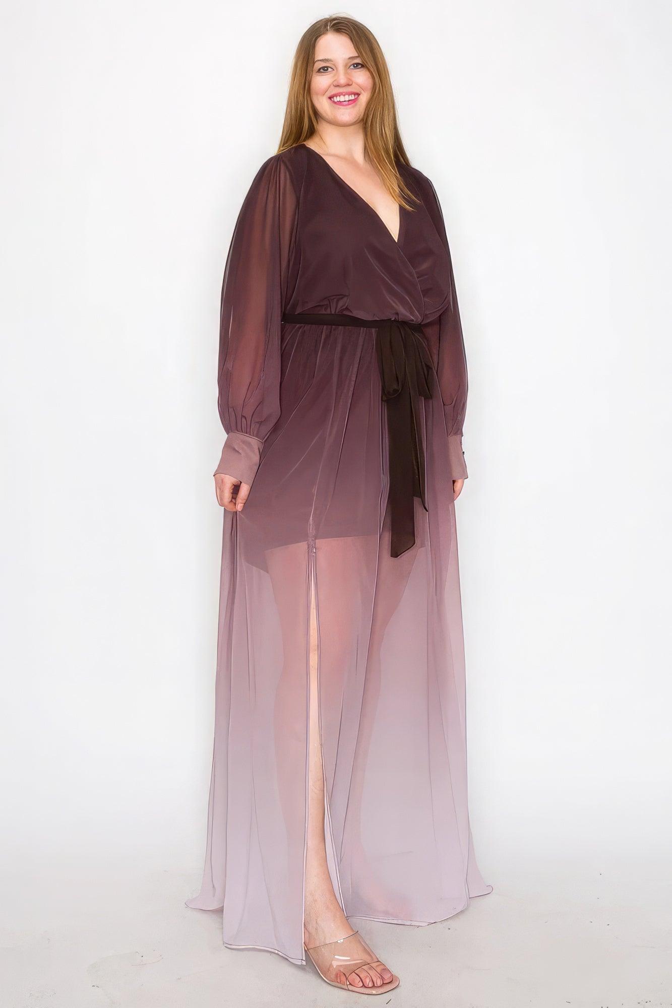 Ombre Chiffon Wrap Front Long Sleeve Tie Waist Slit Front Maxi Dress | Mixtshop LLC