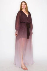 Ombre Chiffon Wrap Front Long Sleeve Tie Waist Slit Front Maxi Dress | Mixtshop LLC