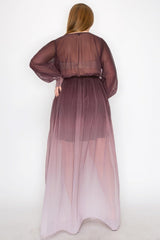 Ombre Chiffon Wrap Front Long Sleeve Tie Waist Slit Front Maxi Dress | Mixtshop LLC