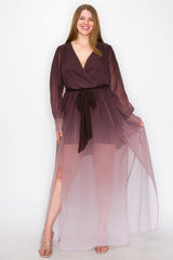 Ombre Chiffon Wrap Front Long Sleeve Tie Waist Slit Front Maxi Dress | Mixtshop LLC