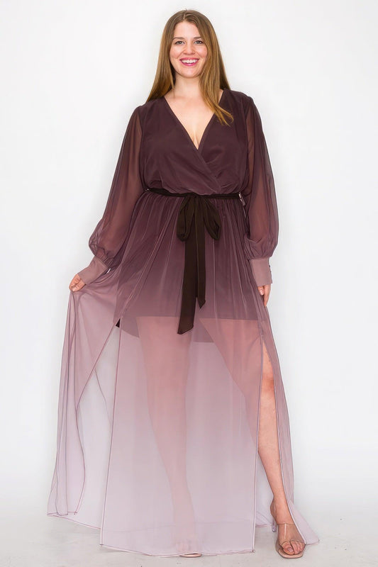 Ombre Chiffon Wrap Front Long Sleeve Tie Waist Slit Front Maxi Dress | Mixtshop LLC