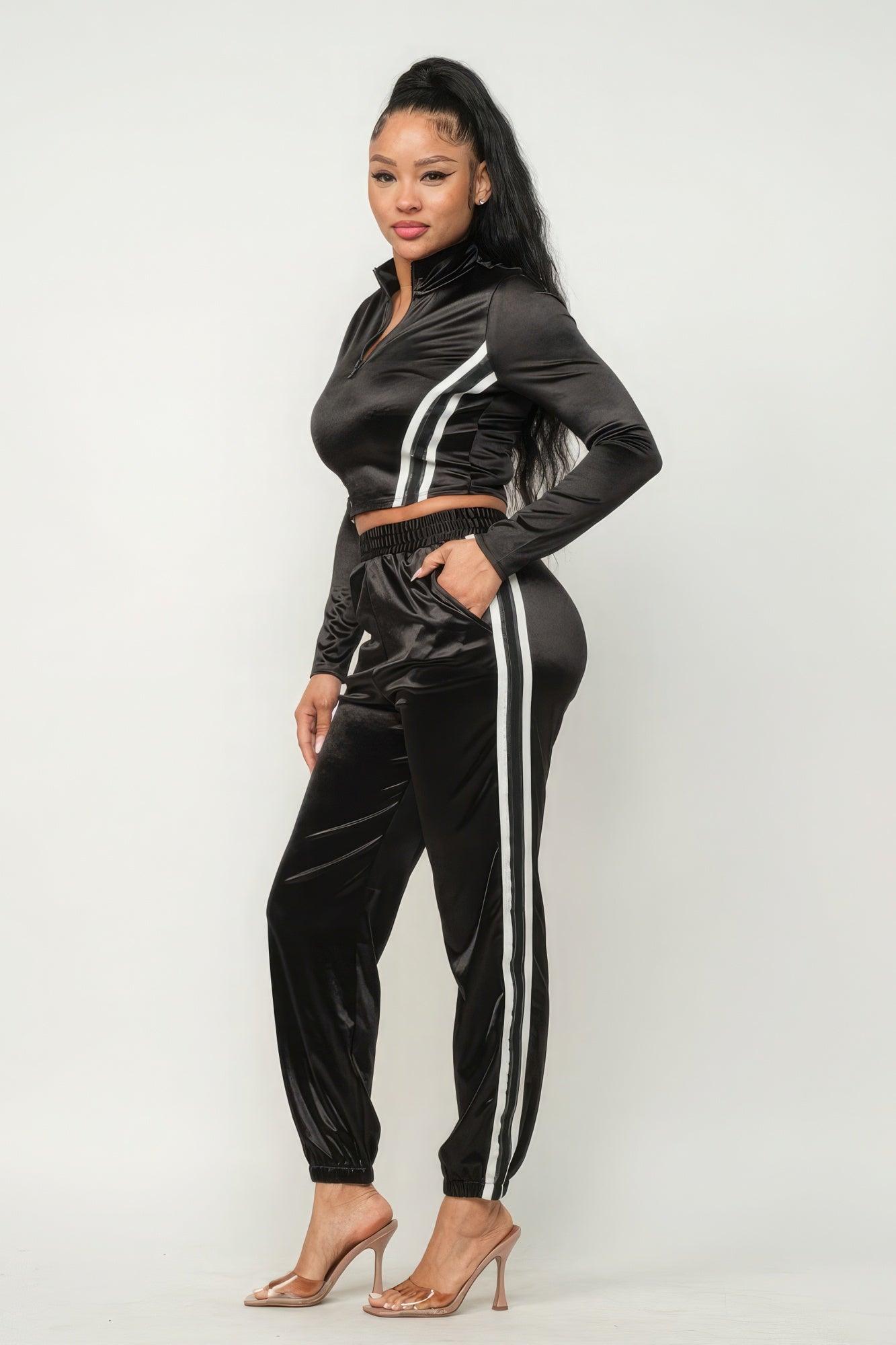 Front Zip Up Stripes Detail Jacket And Pants Set | Mixtshop LLC