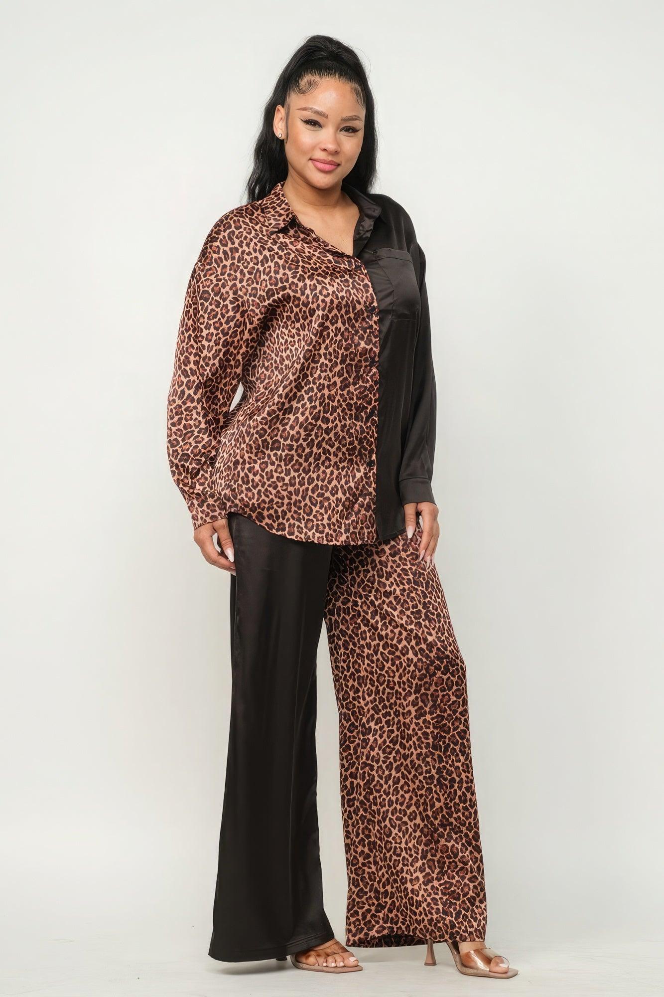 Half Animal Print And Half Solid Top And Pants Set | Mixtshop LLC