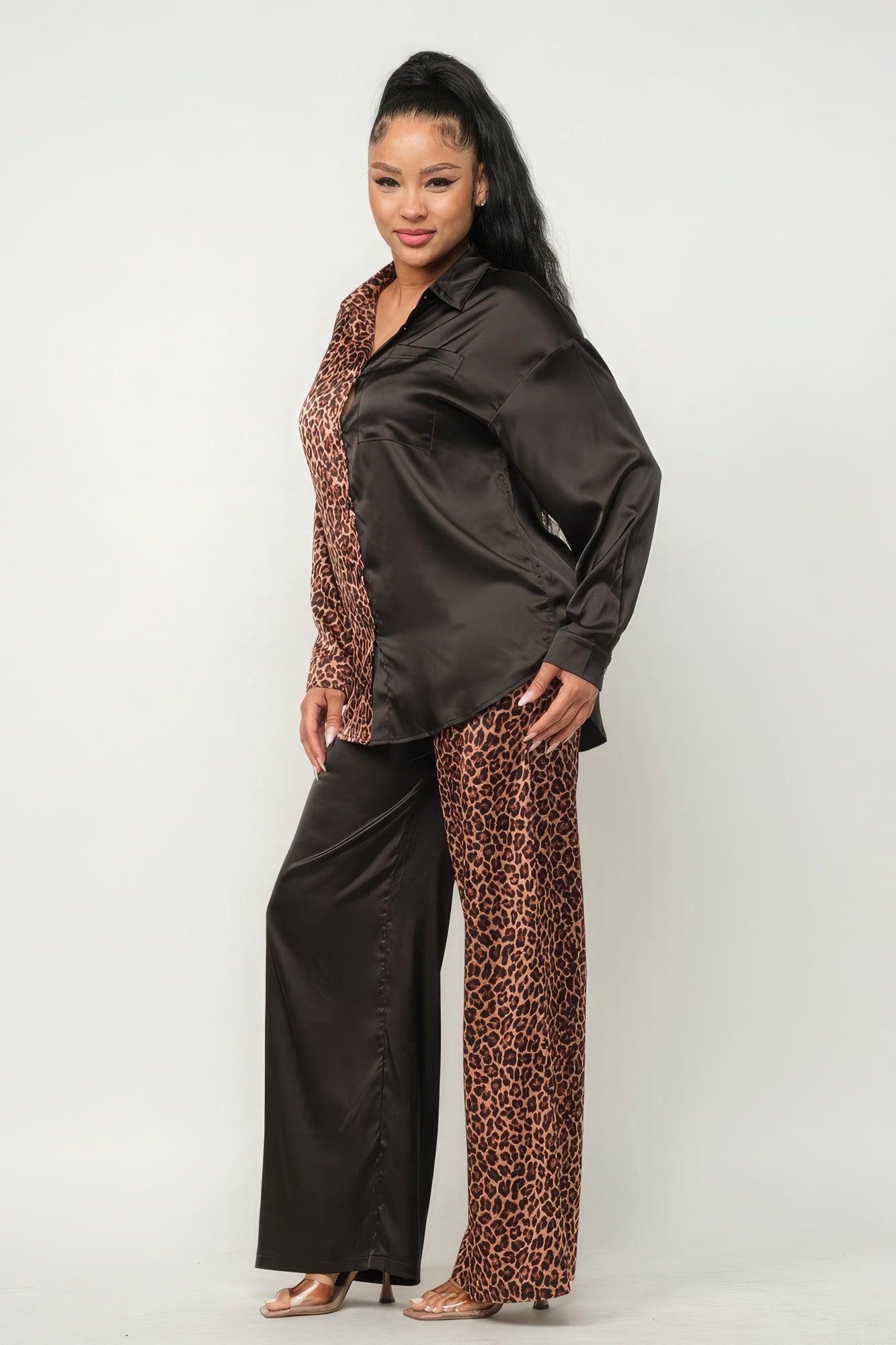 Half Animal Print And Half Solid Top And Pants Set | Mixtshop LLC