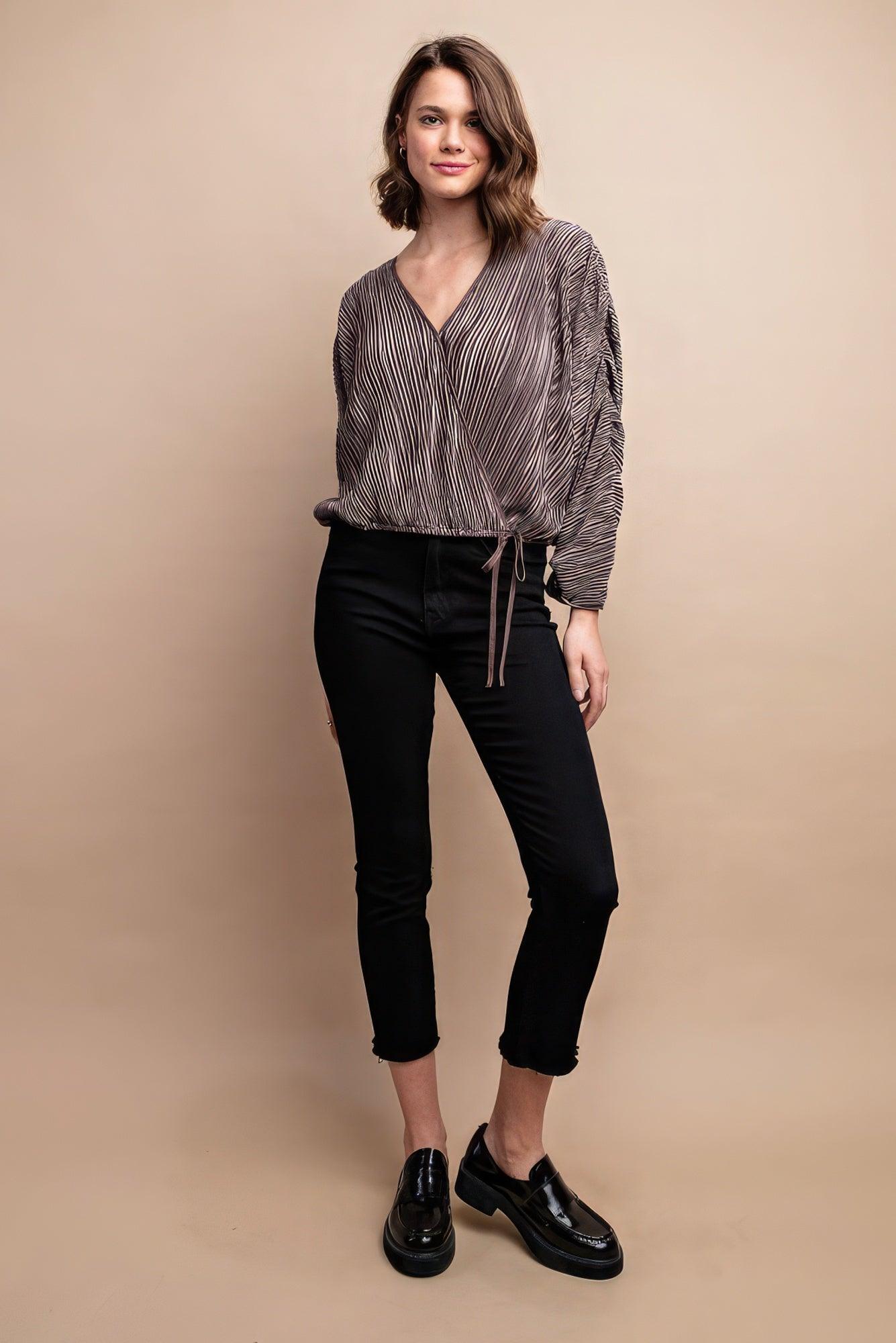 Satin Pleated Drawstring Top With Snap Button | Mixtshop LLC