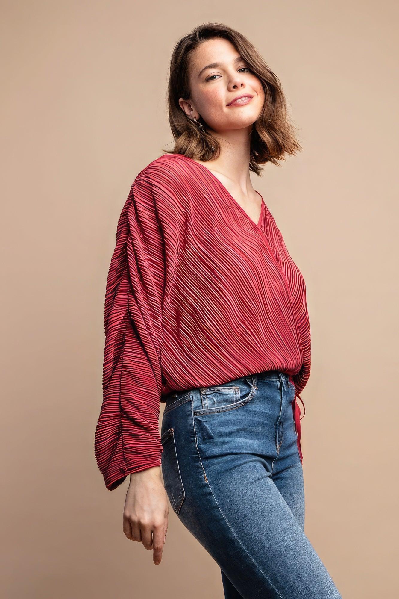 Satin Pleated Drawstring Top With Snap Button | Mixtshop LLC