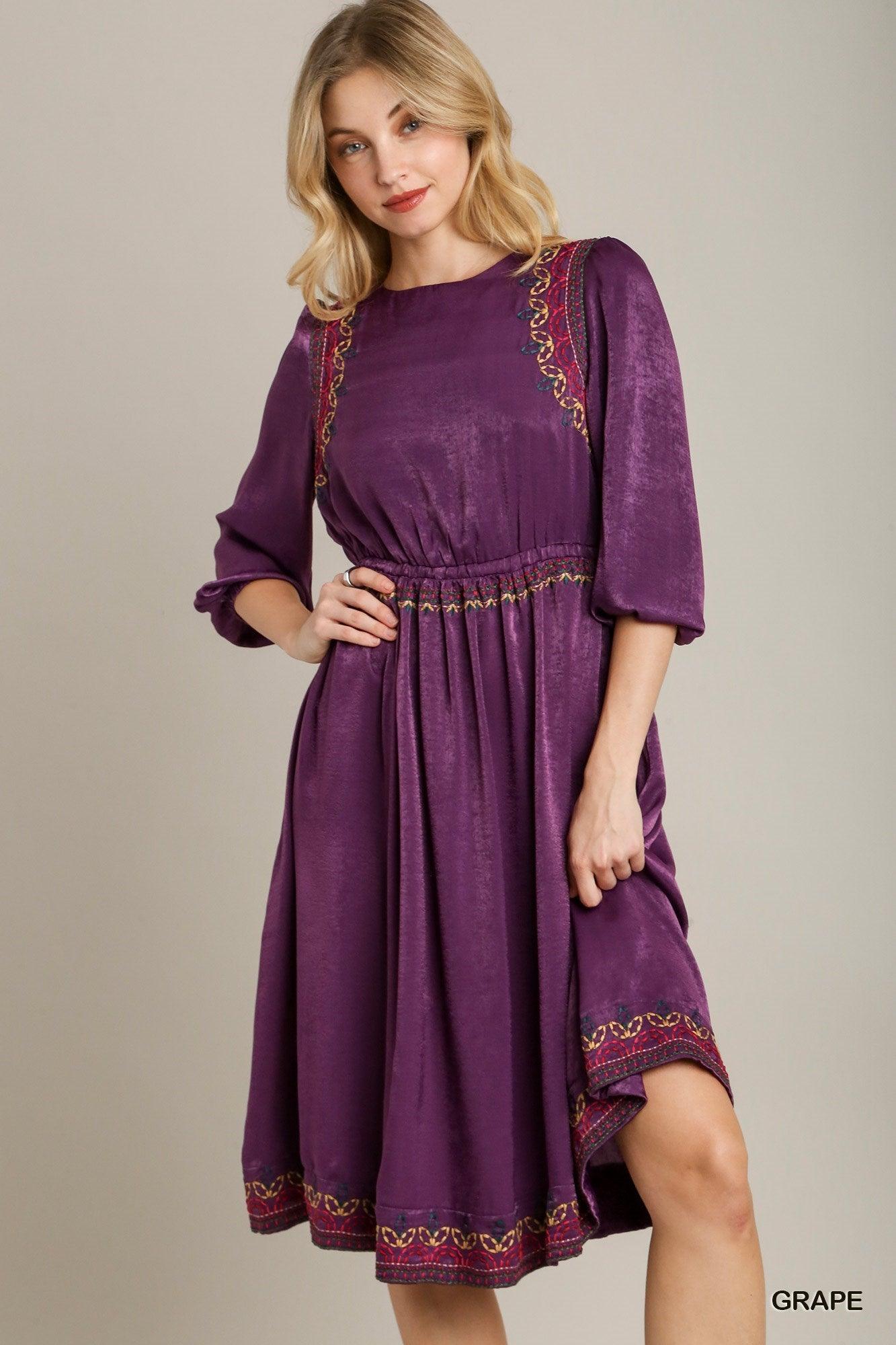 Satin Round Neck Embroidery Midi Dress | Mixtshop LLC