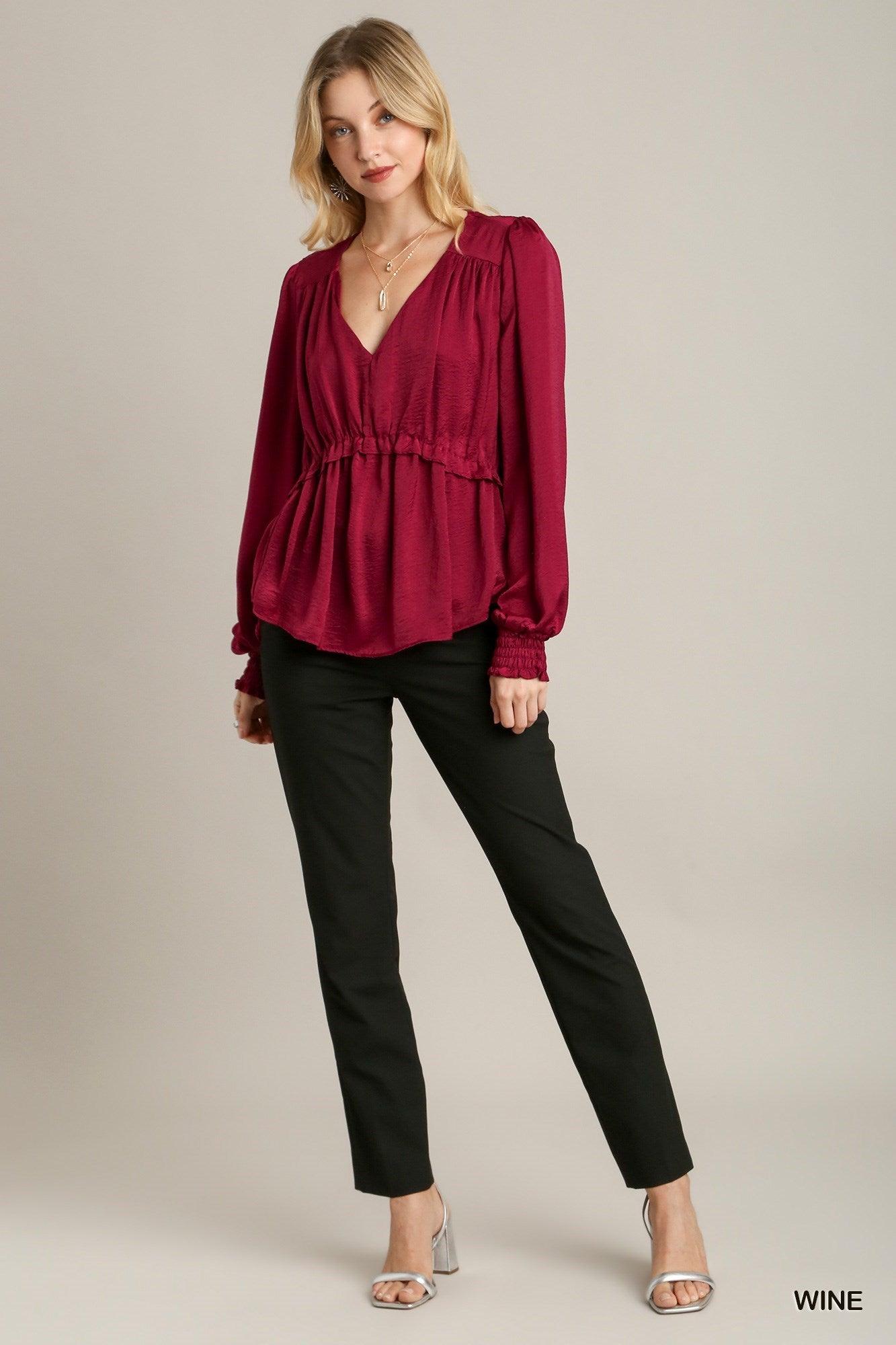 Satin V-neck Ruffle Baby Doll Top With Cuffed Long Sleeve | Mixtshop LLC