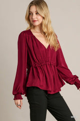 Satin V-neck Ruffle Baby Doll Top With Cuffed Long Sleeve | Mixtshop LLC