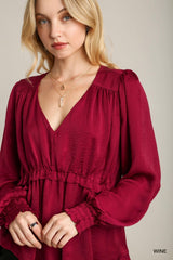 Satin V-neck Ruffle Baby Doll Top With Cuffed Long Sleeve | Mixtshop LLC