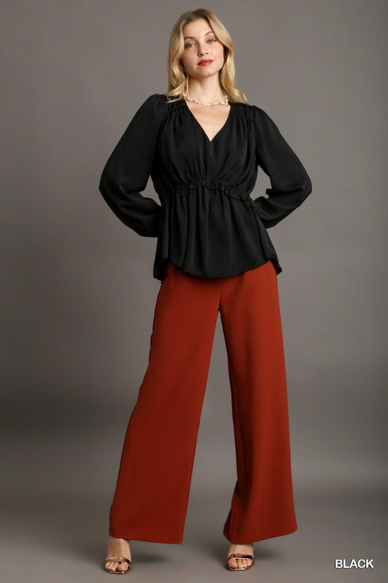 Satin V-neck Ruffle Baby Doll Top With Cuffed Long Sleeve | Mixtshop LLC