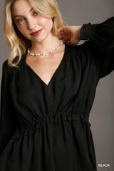 Satin V-neck Ruffle Baby Doll Top With Cuffed Long Sleeve | Mixtshop LLC