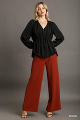 Satin V-neck Ruffle Baby Doll Top With Cuffed Long Sleeve | Mixtshop LLC