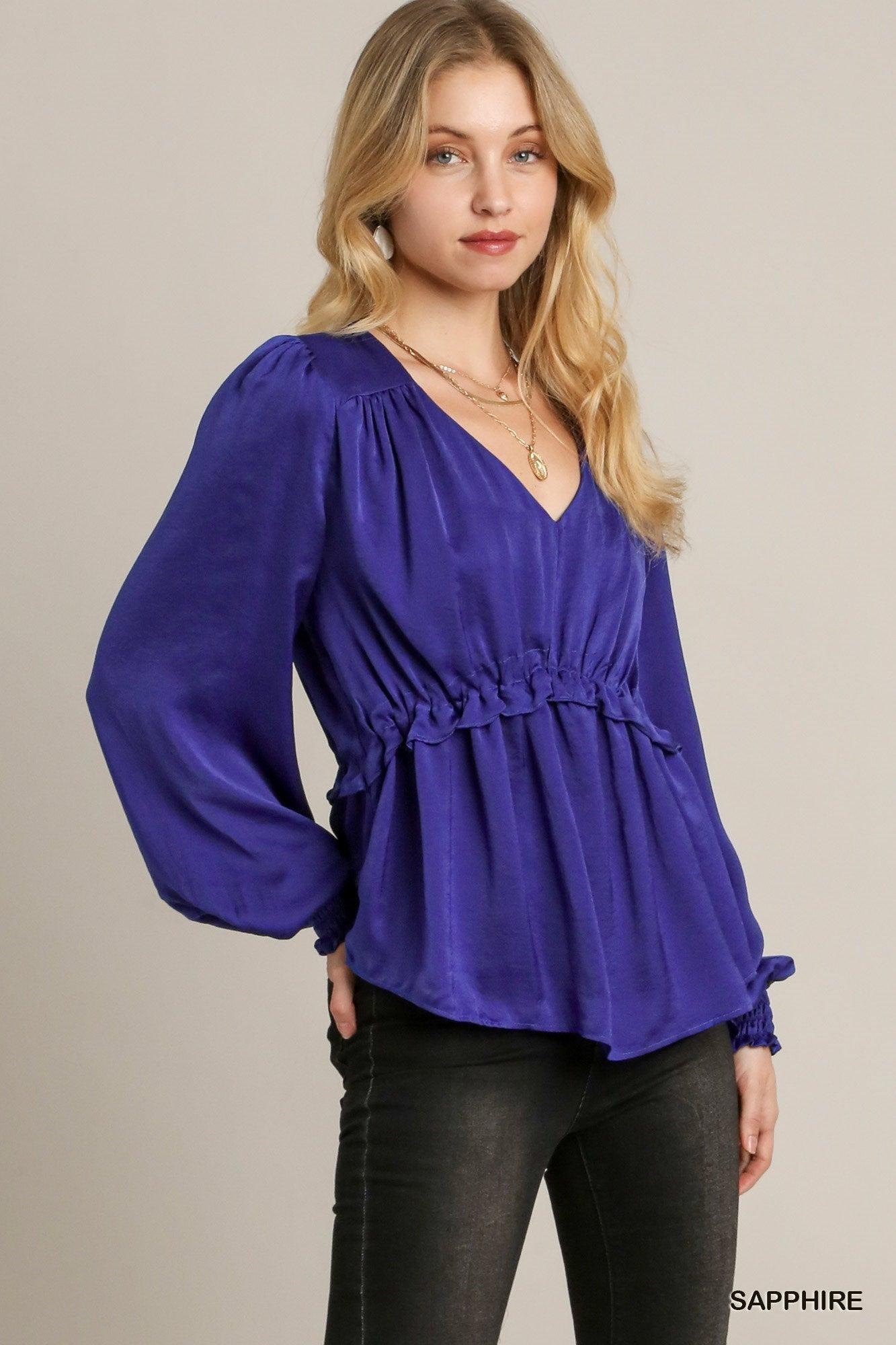 Satin V-neck Ruffle Baby Doll Top With Cuffed Long Sleeve | Mixtshop LLC
