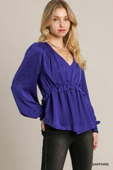 Satin V-neck Ruffle Baby Doll Top With Cuffed Long Sleeve | Mixtshop LLC